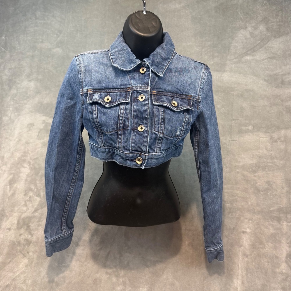 X2 Denim Laboratory Womens XS Cropped Denim Jacket Blue Distressed Button Up